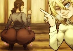 2girls ass_focus attack_on_titan baddiesart big_ass big_butt big_thighs blonde_hair blue_eyes breasts brown_hair closed_eyes clothed clothing duo duo_focus freckles historia_reiss light-skinned_female light_skin looking_at_viewer looking_back middle_finger pale-skinned_female pale_skin shingeki_no_kyojin short_hair small_breasts thick_ass thick_legs thick_thighs ymir ymir_(shingeki_no_kyojin)