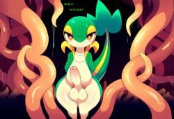 ai_generated anthro balls blush bodily_fluids clothing erection foreskin generation_5_pokemon genitals girly green_body hellsonger hi_res humanoid_genitalia humanoid_penis looking_at_viewer male narrowed_eyes nintendo penis pokemon pokemon_(species) scalie simple_background smile snivy solo sweat tentacle text the_infection_(hollow_knight)