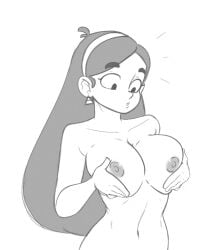 athletic_female big_ass big_breasts disney grabbing_breasts grabbing_own_breasts gravity_falls klassyarts_(artist) looking_at_breasts mabel_pines monochrome naked_female nipples