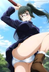 ai_generated aianimearthd big_ass dark_green_hair excercise female fit_female from_below glasses jujutsu_kaisen panties pussy school_uniform schoolgirl shiny_skin stepped_on stretching sweat thick_thighs tomboy upskirt working_out zenin_maki