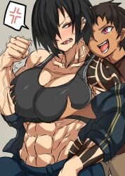 1boy 1girls abs athletic_female brat dark-skinned_male dark_hair grabbing_breasts grabbing_from_behind groping larger_female muscular_female piercings reach_around red_eyes smaller_male tattoos younger_male yuko_mizobuti_(zokusuke) zokusuke