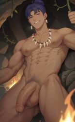 ai_alexr ai_generated exposed_penis gay hair_bun jock_studio male_only precum purple_hair uncensored uncut yaoi