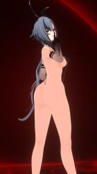 3d arlecchino_(genshin_impact) ass ass_focus back_view big_ass bunny_ears bunnysuit female female_only genshin_impact grey_hair half-dressed half_naked lingerie looking_at_viewer mommy nearly_nude red_eyes runeiteer seductive_smile shh sideboob thick_thighs turned_around