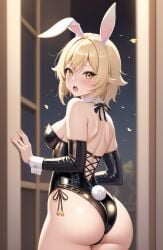 ai_generated ass ass_cleavage blonde_hair bunny_ears bunnysuit collar doorway genshin_impact latex leotard lumine_(genshin_impact) oerba_yun_fang sleeves slombert yellow_eyes