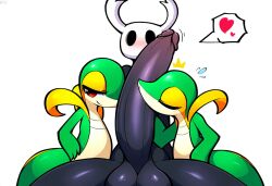 ai_generated anthro balls big_balls big_penis black_penis blush closed_eyes collaborative collaborative_fellatio collaborative_sex erection fellatio female generation_5_pokemon genitals glans green_body group group_sex half-closed_eyes heart hellsonger hellsonger_hollow_knight_ai_art hi_res hollow_knight huge_cock humanoid_genitalia humanoid_penis male male/female narrowed_eyes nintendo nude oral penile penis pokemon pokemon_(species) protagonist_(hollow_knight) red_eyes reptile scalie sex simple_background size_difference smile snivy thick_penis white_background