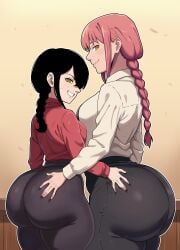 2girls aged_up ass big_ass big_breasts black_hair braid chainsaw_man freshnsfw fully_clothed huge_ass huge_breasts makima_(chainsaw_man) nayuta_(chainsaw_man) older_female pants red_hair small_breasts standing teenage_girl thick_thighs