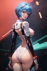 1girls aged_up agh_hent ai_generated alternate_version_available back_view blue_hair breasts looking_at_viewer neon_genesis_evangelion nipples no_bra plugsuit purple_eyes rei_ayanami short_hair solo