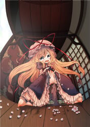 blonde_hair cream_(artist) cream_(nipakupa) dress female hat highres long_hair peeing petals pussy solo tears touhou uncensored urine yukari_yakumo