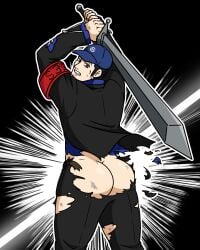 ass baseball_cap black_hair bubble_ass bubble_butt facial_hair goatee goatee_stubble iori_junpei junpei_iori lio_giant male male_ass male_only p3 pants_rip pants_ripping persona_3 ripped_clothing ripped_pants school_uniform solo_male sword