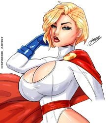 big_breasts blonde_hair blue_eyes breasts busty cleavage cleavage_cutout dc dc_comics female female_focus female_only hourglass_figure kara_zor-l karen_starr large_breasts makeup pinup pinup_pose power_girl short_hair sparkietheartist superman_(series) tagme