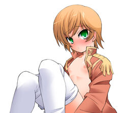 1girls 2010 blush breasts female green_eyes gundam human jun'you_maru light-skinned_female light_skin military_uniform mineva_lao_zabi nipples orange_hair pants short_hair sitting small_breasts solo tagme uniform white_background zeon zeta_gundam