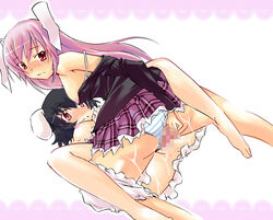 bloomers bloomers_(victorian) bloomers_around_one_leg blush censored panties reisen_udongein_inaba spread_legs striped_panties tagme tewi_inaba touhou tribadism yuri