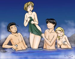 2boys 2girls breasts color covering day female fullmetal_alchemist gracia_hughes human maes_hughes male multiple_females multiple_males nude outdoors riza_hawkeye roy_mustang sitting standing swingers water wife_swap