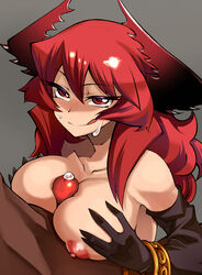 bracelet breasts dark-skinned_male dark_skin demon detached_sleeves female gloves grey_background horns human interracial large_breasts light-skinned_female light_skin long_hair male maou_beluzel nada_haruka paizuri red_eyes red_hair straight yuusha_to_maou