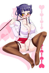 1girls black_hair braids cat_ears female_masturbation glasses huge_breasts kuroshitsuji masturbating megane nipples nipples_visible_through_clothing open_shirt ran_mao twin_braids yellow_eyes