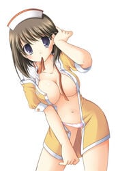 adjusting_hair anegasaki_nene aomi areola_slip areolae breasts brown_hair cameltoe erect_nipples female female_only hat human large_breasts leaning_forward love_plus mouth_hold nene_anegasaki open_clothes open_shirt panties pointy_chin solo underwear waitress