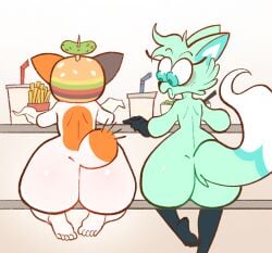 2girls anthro ass ass_envy big_ass big_butt canid canine canine_humanoid cheezborger_(chikn_nuggit) chikn_nuggit duo felid feline feline_humanoid female female_only food fox kaboozey mammal multiple_girls nude public shocked shocked_expression slushi_(chikn_nuggit) surprised tagme