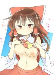 1girls 2020 blush breasts brown_eyes brown_hair clothed clothing female female_only heart long_hair matsu_kitsune navel nichijou_artstyle nipples reimu_hakurei ribbon shirt shirt_lift solo solo_female touhou