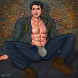 abs actor big_bulge bulge celebrity hispanic hispanic_male huge_bulge in_character joel_miller latino looking_at_viewer male male_only medinart_(david_medina) muscles muscular muscular_male pecs pedro_pascal smooth_chest smooth_skin spread_legs the_last_of_us the_last_of_us_(hbo) unzipped_pants