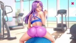 1girls 2d animated ass big_ass blush cameltoe dominique_(fap_ceo) exercise_ball fap_ceo from_behind gym looking_at_viewer mp4 no_sound nutaku purple_eyes purple_hair pussy shorter_than_10_seconds shorter_than_30_seconds shorts solo straddling tagme video