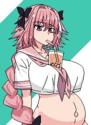 1girls astolfo_(fate) belly belly_bulge big_breasts blush boba_tea bow breasts drinking fate/grand_order fate_(series) genderswap_(mtf) hands-free light-skinned_female pink_hair pixel_art pixelmood potbelly pregnant pregnant_belly pregnant_female purple_eyes rule_63 soda solo traced