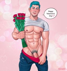 abs andrew_(medinart) biceps dialogue english_text flowers heart looking_at_viewer male male_only medinart_(david_medina) muscles muscular muscular_male pecs penis_peek roses smooth_chest smooth_skin teasing twitter_user_oc uncanny_valley valentine's_day veiny_penis