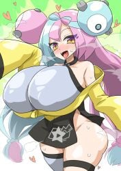 2023 alternate_breast_size big_breasts blue_hair blush game_freak hearts_around_head huge_breasts iono_(pokemon) long_blue_hair long_hair long_pink_hair looking_at_viewer multicolored_hair no_panties oro_(zetsubou_girl) pink_hair pokemon pokemon_sv steamy_breath thick_thighs tongue_out yellow_eyes