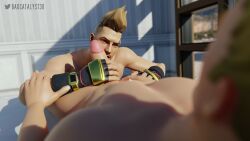 2boys 3d 3d_(artwork) badcatalyst3d bandage bandage_on_face drift_(fortnite) erect_penis erection eye eye_contact fortnite gay handjob jonesy_(fortnite) licking licking_penis male male_only nude nude_male penis self_upload video_games yaoi