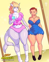 2016 2girls anthro artist_logo big_ass big_breasts blonde_hair curvy earrings female hourglass_figure jay-marvel nickelodeon nipples_visible_through_clothing pearl_krabs phone selfie small_waist smiling smooth_skin spongebob_squarepants wide_hips