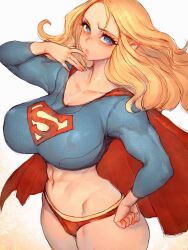 1girls abs big_breasts blonde_hair blue_eyes breasts cape dc dc_comics female female_only fit_female fully_clothed fumio_(rsqkr) muscular_arms muscular_female pose solo supergirl superheroine superman_(series) tight_shirt