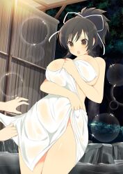 1girls assisted_exposure asuka_(senran_kagura) big_breasts blush breasts brown_eyes brown_hair cleavage clothes_pull grabbing hair_ribbon large_breasts naked_towel official_art onsen outdoors ponytail ribbon rock senran_kagura short_hair solo towel tree water wet wet_look wet_towel white_ribbon yaegashi_nan