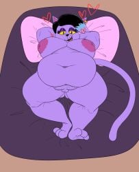 anthro bed bedroom_eyes belly big_breasts breasts catty_(undertale) felid feline female furniture furry heart hi_res hyenalattes mammal narrowed_eyes navel obese overweight presenting purple_body seductive shaved_pussy solo undertale_(series) yellow_sclera