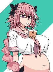 1girls astolfo_(fate) belly belly_bulge big_breasts blush boba_tea bow breasts drinking fate/grand_order fate_(series) female_pred genderswap_(mtf) hands-free light-skinned_female pink_hair pixel_art pixelmood post_vore potbelly purple_eyes soda solo traced vore