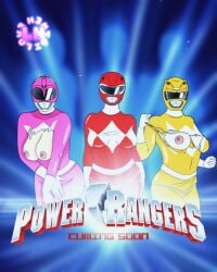 2d 3girls big_breasts bodysuit clothed fake_advertisement female female_only helmet nipples pink_ranger poster power_rangers red_ranger ripped_clothing yellow_ranger