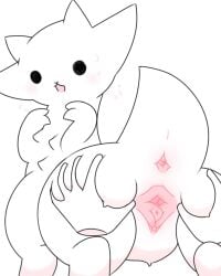 4:5 anus ass bodily_fluids butt_grab clitoris digital_drawing_(artwork) digital_media_(artwork) domestic_cat dragon felid feline felis female feral genitals hand_on_butt hi_res hybrid king_dragon_cat mammal nakimayo pink_anus pink_pussy pussy rear_view simple_background solo solo_focus spread_pussy spreading sweat sweatdrop the_battle_cats urethra white_background