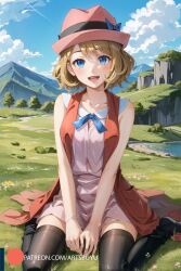 1girls ai_generated artsbuyu black_legwear black_thighhighs blonde_hair blue_eyes feet hands_between_legs hi_res light_blush medium_breasts open_mouth pink_dress pink_hat pink_panties pokemon pokemon_xy serena_(pokemon) short_hair sitting smile stable_diffusion thighhighs tie wariza