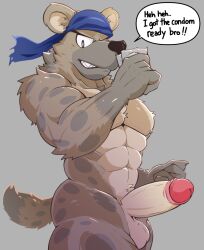 1boy abs anthro balls bandana biceps blue_bandana blue_bandanna blue_kerchief brown_body brown_fur condom deltoids english_text fur genitals heffy038 hi_res holding_object humanoid_genitalia humanoid_hands humanoid_penis hyena kerchief male male_only mammal manly muscular muscular_anthro muscular_male navel nipples nude pecs penis sexual_barrier_device smile solo speech_bubble tail teeth text