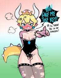 1boy angry animal_humanoid balls blonde_hair blue_eyes blush bodily_fluids bowsette chastity_cage chastity_device cock_ring collar crossdressing crown dialogue english_text femboy fishnet_leggings genital_fluids genitals girly hair headgear hi_res horn horns humanized humanoid humanoid_pointy_ears koopa_humanoid looking_at_viewer male male_bowsette male_only mario_(series) new_super_mario_bros._u_deluxe nintendo nipple_piercing nipples open_mouth piercing precum scalie scalie_humanoid simple_background solo somik spiked_collar spikes super_crown tail talking_to_viewer tears text