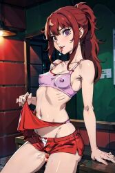 1girls aged_up ai_generated bangs belly big_mouth_(tv_series) big_mouth_(universe) bra bralette breasts female female_only jessi_glaser navel nipple_bulge nipples nipples_visible_through_clothing older ponytail purple_eyes red_hair shorts sitting skinny small_breasts solo solo_female stable_diffusion thighs thin