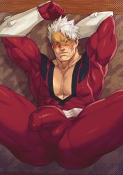 1boy bara blush bodysuit boku_no_hero_academia bulge bulge_through_clothing cross_scar dreampipe erection erection_under_clothes highres kan_sekijirou kiashigetsnasty large_pectorals male_focus male_only mature_male muscular muscular_male my_hero_academia pectoral_cleavage pectorals red_bodysuit scar scar_on_cheek scar_on_face sekijiro_kan short_hair shounen_jump solo solo_male spread_legs tusks vambraces vlad_king white_hair