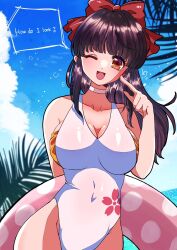 1girls 2023 beach big_breasts breasts brown_eyes busty cleavage covered_navel curvy english_text female female_only hair_ribbon highres index_finger_raised large_breasts legs long_hair meu_(artist) ocean one-piece_swimsuit one_eye_closed open_mouth pointing pointing_at_self ponytail purple_hair ribbon sakura_shinguji sakura_taisen sakura_wars sega smile solo swimsuit thighs voluptuous water wink