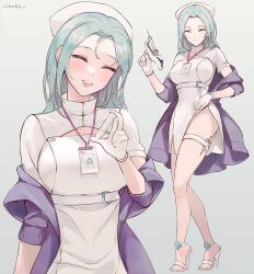 ai_generated chowbie cleavage cleavage_cutout gloves green_hair nurse nurse_cap original original_character smile syringe thigh_strap