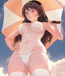 ai_generated belly belly_button big_breasts bikini black_ribbon blush brown_hair chowbie female female_only fully_clothed mismatched_tanlines original original_character parasol red_eyes revealing_clothes ribbon stockings swimsuit tagme tanline thighhighs two_piece_swimsuit umbrella