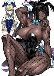 abs biceps big_breasts blonde_hair blue_archive bunny_ears bunny_girl bunnysuit curvy dark-skinned_female dark_hair dark_skin fishnets halo huge_breasts karin_(blue_archive) karin_(blue_archive)_(cosplay) karin_(bunny)_(blue_archive) leotard long_hair looking_at_viewer mao_(yuto_noirm08) muscular muscular_female muscular_thighs original pale-skinned_female ponytail sitting small_breasts toki_(blue_archive) toki_(bunny)_(blue_archive) yellow_eyes yuto_noirm08