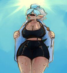 1girls 2d big_breasts big_lips bra closed_eyes curvy female female_focus female_only grimace marie_(splatoon) mostly_clothed nintendo outdoors removing_clothing shorts solo solo_female solo_focus splatoon splatoon_3 sports_bra stripping sunlight sweat sweaty syllabunne thick_thighs voluptuous