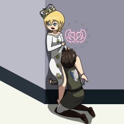 1boy 1girls attack_on_titan blonde_hair blowjob blue_eyes clothed cunnilingus eating_pussy eren_jaeger femdom hidden historia_reiss k kneeling panties projectsubby