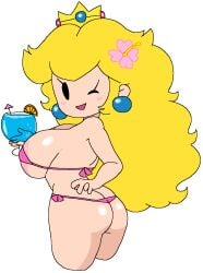 1girls ass ass_cleavage beverage big_areola big_breasts big_nipples blonde_hair blush blushing_at_viewer butt_crack carbonated carbonation cassettedream crown dream-cassette drink earrings erect_nipples female female_only flower_in_hair glass_cup hair_ornament hoshime huge_areola huge_areolae huge_breasts intelligent_systems jewelry light-skinned_female light_skin mario_(series) nintendo open_mouth open_smile paper_mario paper_peach pink_bikini pink_bra pink_clothes pink_clothing princess_peach smile smiling smiling_at_viewer solo standing thick_thighs thighs topless transparent_background wardrobe_malfunction wink winking winking_at_viewer