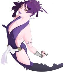 female high_resolution highres jigokuraku jobin_chan jumping legs light_skin looking_at_viewer midair ninja ninja_clothes purple_eyes purple_hair purple_lipstick very_high_resolution white_background yuruziha