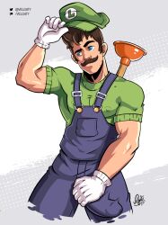 biceps big_bulge big_cock big_penis bulge bulging_biceps erection_under_clothing huge_bulge huge_cock huge_penis luigi male male_only mario_(series) muscles muscular muscular_male nintendo plumber smooth_skin solo solo_male velgaty