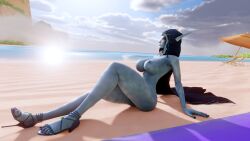 1girls 3d 3d_(artwork) beach big_breasts blizzard_entertainment blue_body cape cloak elf elf_ears female female_only forsaken guidugalle heels hood mawsworn nipples nude pointy_ears red_eyes solo sylvanas_windrunner undead warcraft white_hair world_of_warcraft